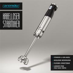 Arendo Arendo Stabmixer, 200 W, kabellos, Edelstahl, Purierstab mit Akku, inkl. 600 ml Messbecher  Ручной блендер Arendo, 200 Вт, беспроводной, нержавеющая сталь, ручной блендер с аккумулятором, включая мерный стакан емкостью 600 мл.