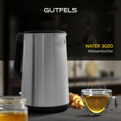 Gutfels Gutfels Wasserkocher WATER 3020, 1.5 l, 2200 W, Doppelwandiges Edelstahl, integrierter Filter, 360° Sockel  Чайник Gutfels WATER 3020, 1,5 л, 2200 Вт, нержавеющая сталь с двойными стенками, встроенный фильтр, основание на 360°