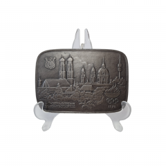 Декоративное панно винтажное Buderus, Modell Mootz, металлическое панно с объемным рельефным изображением г.Мюнхена в год XX Олимпийских игр, 17 x 12 см, Германия, 1974гг.