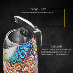 Gutfels Gutfels Wasserkocher WATER 3010 G, 2200 W, Graffiti-Style, 1,7 Liter, 2200 Watt, 360 Grad Sockel  Чайник Gutfels WATER 3010 G, 2200 Вт, стиль граффити, 1,7 литра, 2200 Вт, основание 360 градусов