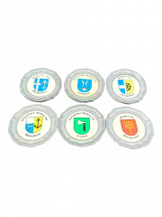 Набор тарелок винтажных DBGM &quot;Герб Райнхайма&quot;, &quot;Герб Буттенхайма&quot;, &quot;Герб Филипсбурга&quot;, &quot;Герб Кирлаха&quot;,  &quot;Герб общины Райнхаузен&quot;,  &quot;Герб города Оберхаузен&quot;, олово, 6 шт, 10 см, Германия, 1970-80гг.