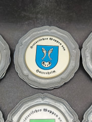 Набор тарелок винтажных DBGM &quot;Герб Райнхайма&quot;, &quot;Герб Буттенхайма&quot;, &quot;Герб Филипсбурга&quot;, &quot;Герб Кирлаха&quot;,  &quot;Герб общины Райнхаузен&quot;,  &quot;Герб города Оберхаузен&quot;, олово, 6 шт, 10 см, Германия, 1970-80гг.