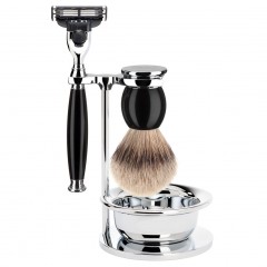 Muhle SOPHIST 4-tlg. Rasierset, Silberspitz Dachszupf, mit Gillette Mach3, Griffmaterial Edelharz schwar  СОФИСТ 4 шт. Набор для бритья, барсук с серебристым наконечником, с Gillette Mach3, материал ручки черная высококачественная смола