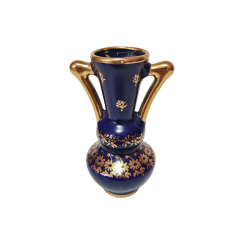 Ваза винтажная Limoges France, темно-синий фарфор с золотым цветочным декором и позолоченными ручками, 9 x 6 см, Франция, 1960-70гг.